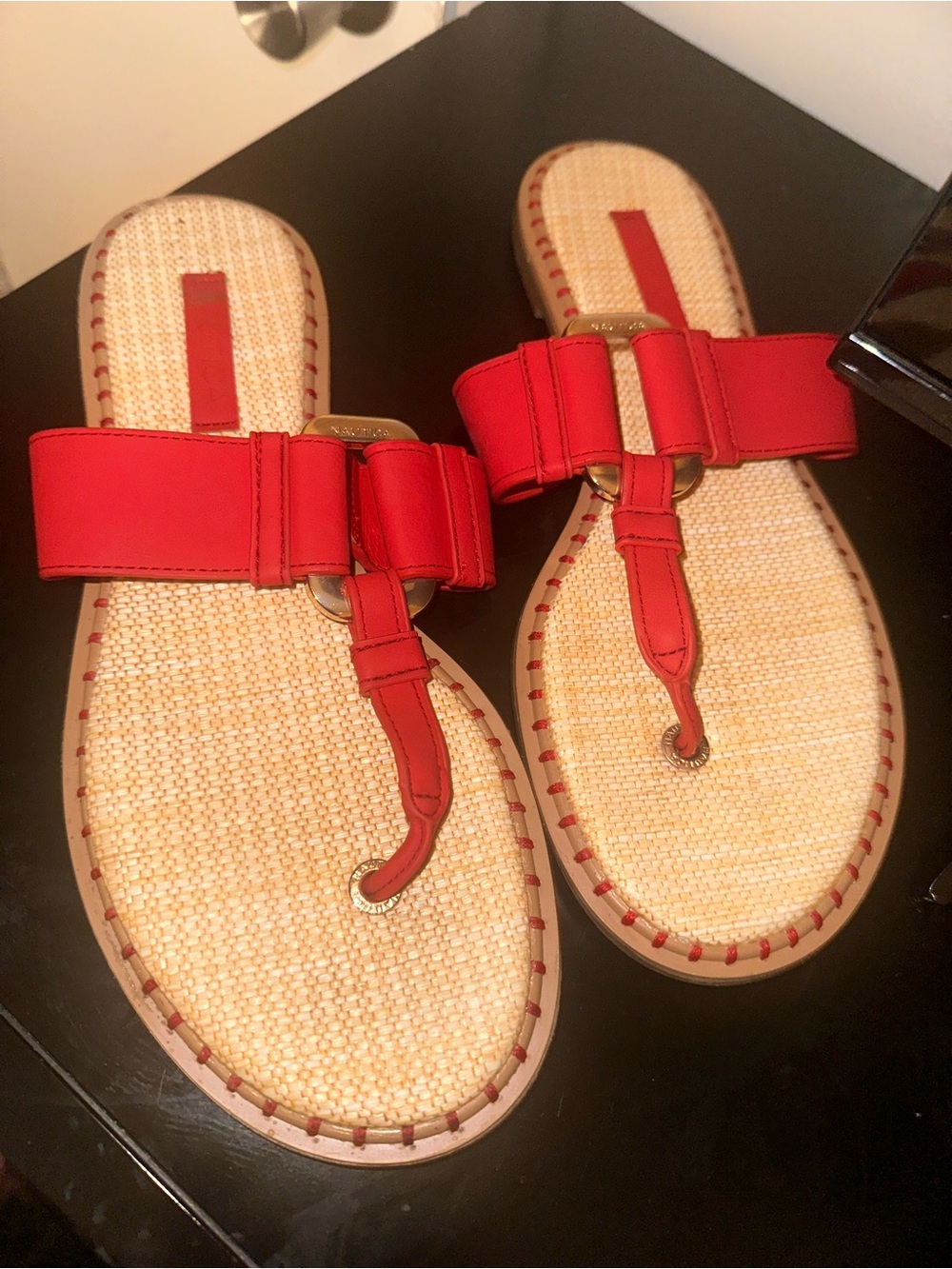 Nautica Red T-Strap Woven Footbed Sandals